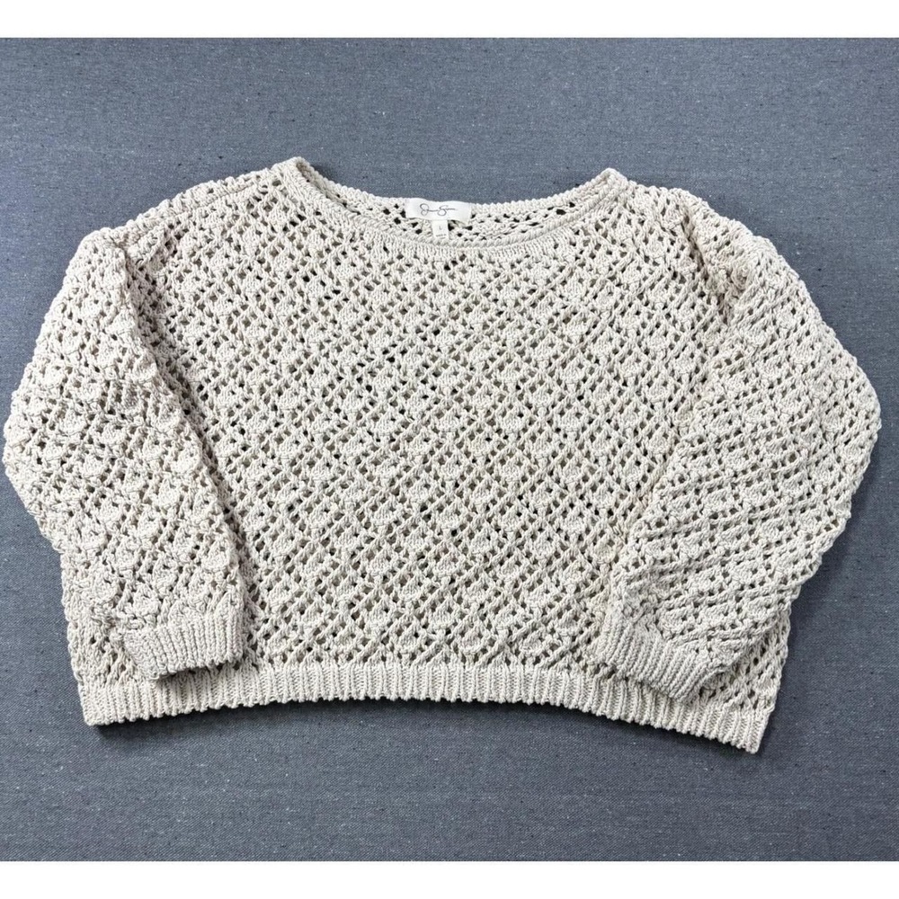 Jessica Simpson Crochet Open Knit Sweater Womens Large Beige Boho Pullover Top - Picture 1 of 5